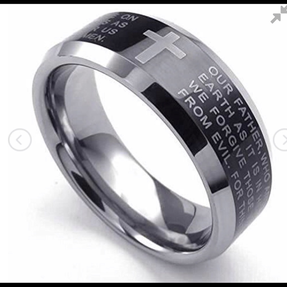 Tungsten The Lords Prayer Cross Ring Sz. 10
